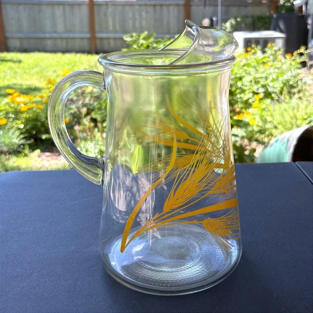 Vintage Mid Century Modern Yellow Golden Wheat Glass Pitcher with Ice Lip MCM